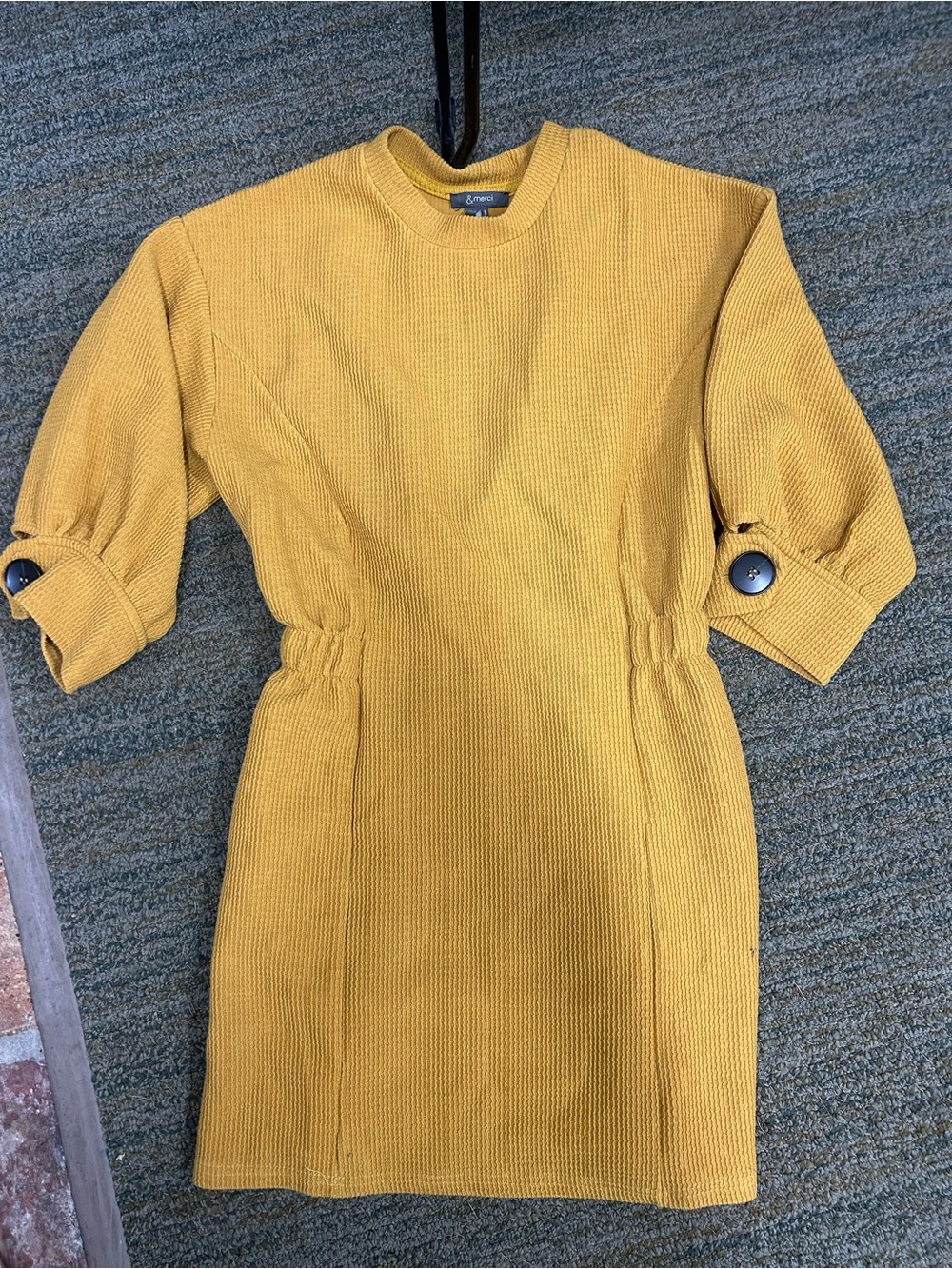 Mustard Knit Mini Dress with Button-Cuff Sleeves